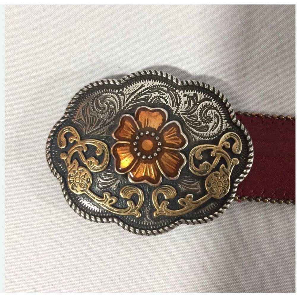 Cache Red Leather Belt with Gold & Silver Buckle - Size S